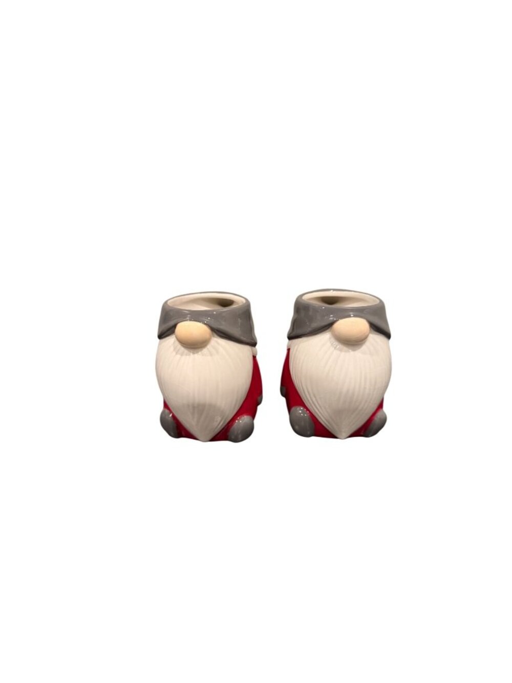 Pottery Barn Set Of 2 Ceramic Gnome Coffee Mugs With Gray Hats & Red Outfits 12